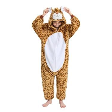 Imagem de LONULAIN Pijama infantil unissex Oneise com capuz, flanela, cosplay, fantasia, roupa de casa/roupa de dormir, Leopardo, 9-10 Anos