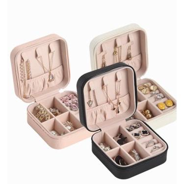 Imagem de Wei Long Pacote com 3 organizadores de joias de viagem, caixa de joias pequena portátil, itens essenciais de viagem, presente para mulheres, meninas, colar, anéis e brincos organizador (couro PU, 10 x