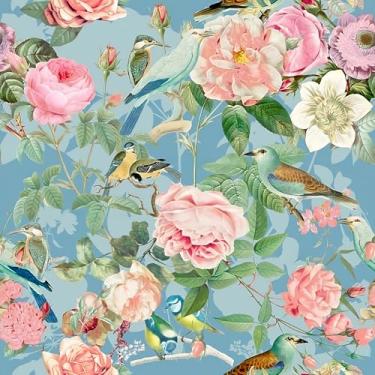 Imagem de VEELIKE Papel de parede floral azul pastel descasque e cole vintage tentilhões papel de parede de pássaro para quarto sala de estar 17,7 pol. x 354 polegadas amigável para locatários papel de contato