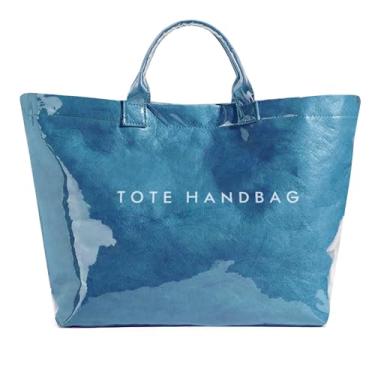 Imagem de ALUSBELL Bolsa feminina grande de PVC com estampa de letras, bolsa de ombro de viagem de papel kraft, bolsa de ombro transparente para carregar todos os objetos, Azul