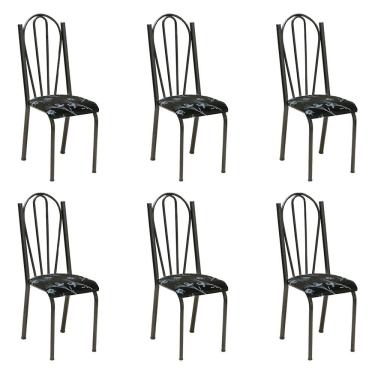 Imagem de Kit 6 Cadeiras de Cozinha Alasca Estampado Preto Florido Pés de Ferro Cromo Preto - Pallazio