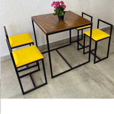 Imagem de Conjunto Mesa 4 Cadeiras Pequena Estofado Amarelo Industrial Wood Box 