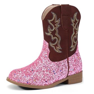 Imagem de PANDANINJIA Botas de caubói para meninas, bico redondo, para meninos, botas caubói, cano curto, botas de cowgirl ocidentais, Lantejoula rosa, 10 Toddler