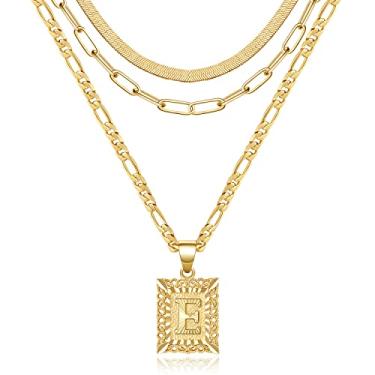 Imagem de KissYan Conjunto de colar em camadas de ouro para mulheres, banhado a ouro 14 K com pingente de letra inicial e clipe de papel, gargantilha de cobra e alfabetos de A-Z Fígaro, colar de corrente de