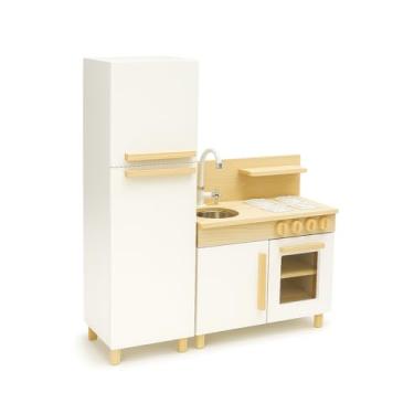 Imagem de Mini cozinha de brinquedo em mdf e madeira natural contendo pia, fogão e geladeira.