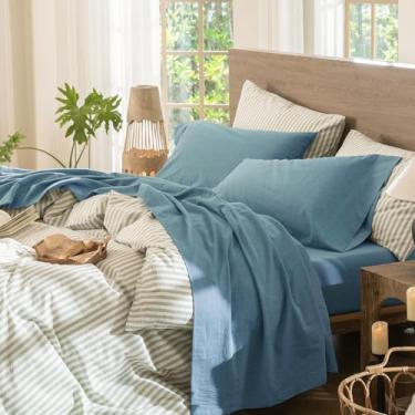 Imagem de MooMee Jogo de cama 100% algodão lavado, linho, texturizado, respirável, durável, macio e confortável (azul pavão mesclado, King)