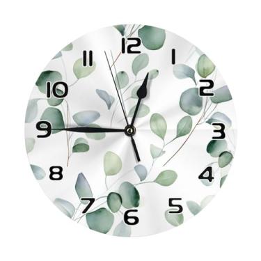 Imagem de YPPAHHHH Relógio de parede verde com padrão de folhas de eucalipto relógio de parede redondo 25 cm silencioso sem tique-taque funciona por bateria para sala de estar, quarto, cozinha, escola