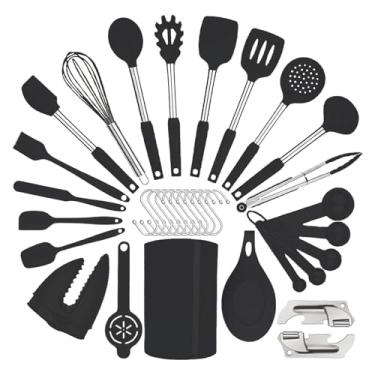 Imagem de Conjunto de utensílios de cozinha de silicone com alça de aço inoxidável, conjunto de espátula, conjunto de utensílios de cozinha, utensílios de cozinha para panelas antiaderentes (35, preto)