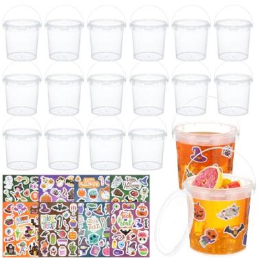 Imagem de 16 cestas de doces de Halloween e 8 folhas de adesivos de Halloween baldes de rum com tampa e alça para festa de Halloween, doces, bebidas e recipientes de alimentos