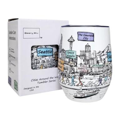 Imagem de Beary Blu Cidades ao redor do mundo Série de copos de 355 ml - Projetado nos EUA - Copo isolado a vácuo com tampas - Caneca de viagem de aço inoxidável para vinho e café, água, para bebida quente e