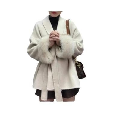 Imagem de Casaco Feminino de Pele de Lã Dupla Face com Punhos Removíveis de Pele