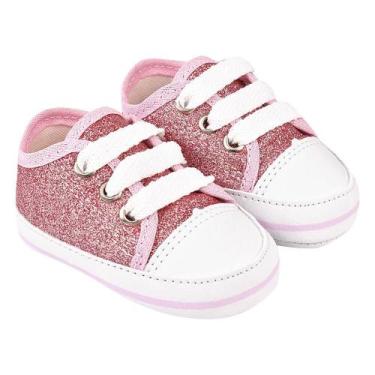 Imagem de Sapatinho Tênis Bebê até 1 ano Menina Branco Glitter Rosa - Bebê Mania