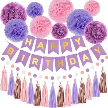 Imagem de Conjunto de decorações de festa RUBFAC Purple Pink com feliz aniversár