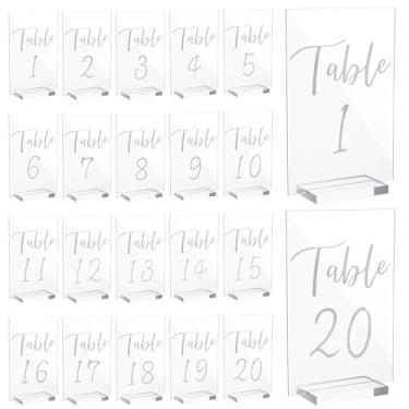 Imagem de 20 peças de números de mesa de casamento de acrílico 1-20 com suportes, números de mesa transparentes de 10 x 15 cm para recepção de festa de casamento, placa, números, cartões, fonte de caligrafia