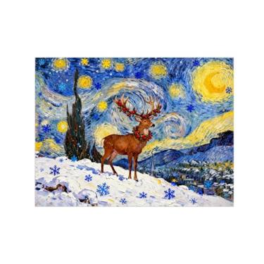 Imagem de Pinturas em tela Natal-Quadros Decoração de Parede-Noite estrelada veados flocos neve-Inverno Paisagens Impressões para Sala de Estar 60x80cm Sem Moldura