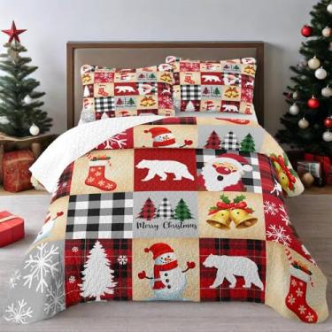 Imagem de Conjunto de colcha de retalhos de Natal King - Colchas vermelhas para cama king size, conjunto de cama de Natal de Papai Noel de boneco de neve - colcha leve de microfibra macia (Papai Noel, King (228