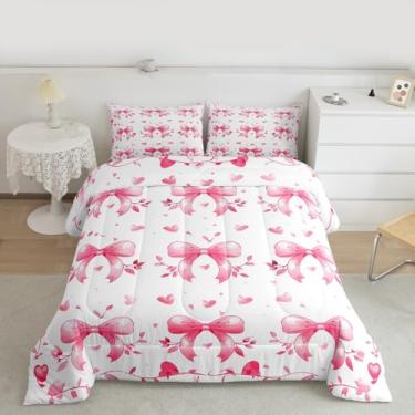 Imagem de jejeloiu Conjunto de edredom casal com laço rosa e laço sonhador, para crianças, meninos, gravata borboleta, edredom para decoração de quarto, 3 peças com 2 fronhas