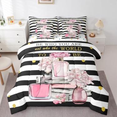 Imagem de Erosebridal Conjunto de edredom rosa com lençol solteiro para meninas, boêmio, moderno, moderno, moderno, 7 peças, listrado, preto e branco, geométrico, feminino, perfume e laço coquete