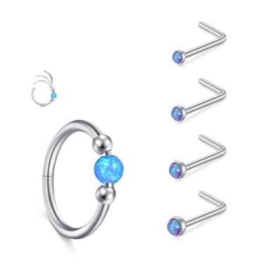 Imagem de JFORYOU Conjunto de anéis de nariz 18G para mulheres, aço inoxidável, hipoalergênico, 1,5 mm, 2,5 mm, 2,5 mm, 3 mm e opala articulada, segmento clicker, argolas de nariz, argolas, cartilagem de hélice