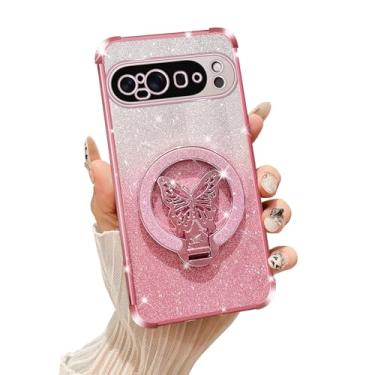 Imagem de Tesazxcn Capa de celular para Google Pixel 9 Pro [compatível com Magsafe] com suporte de borboleta e cordão de TPU macio brilhante capa de proteção à prova de choque para Google Pixel 9 Pro, ouro rosa
