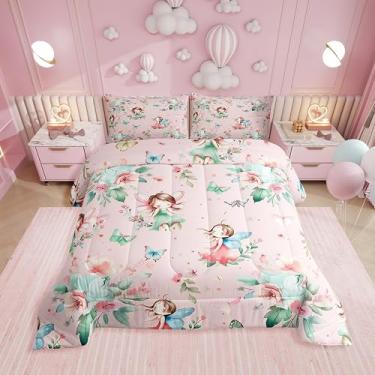 Imagem de Erosebridal Conjunto de edredom completo de jardim de fadas - Conjunto de cama com borboleta e floral para meninas e crianças, rosa e verde, flores e fadas, decoração de quarto fofo com flores