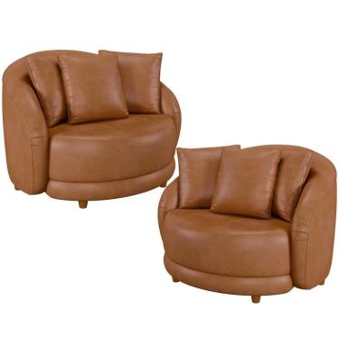 Imagem de Kit 2 Poltronas Decorativa Para Sala Pés Madeira Kaly M22 Sintético Caramelo - Mpozenato