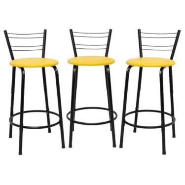 Imagem de Kit 3 Banquetas Para Cozinha Flórida Estrutura Preta 60cm Área de Lazer Piscina Balcão Bancada Bistro Bar (Assento Amarelo)