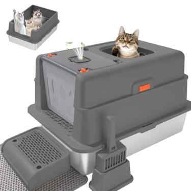 Imagem de GOYJOY Caixa de areia de aço inoxidável XXXL com tampa, caixa de areia de metal fechada XXXL para gatos grandes, vários gatos, com colher de areia e pedal, controle de odor, limpeza fácil