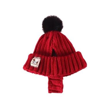 Imagem de Gorro de malha quente para animais de estimação, chapéu de malha para cães, chapéu de inverno para animais de estimação, acabamento com pompom, gorro aconchegante de inverno, gato, vermelho, M