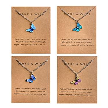 Imagem de 4/5 peças retrô colorido borboleta fina corrente pingente conjunto de colar para mulheres adolescentes banhado a prata 14 k ajustável animal inseto gargantilha colar bonito presente de amizade, Metal, Liga metálica.