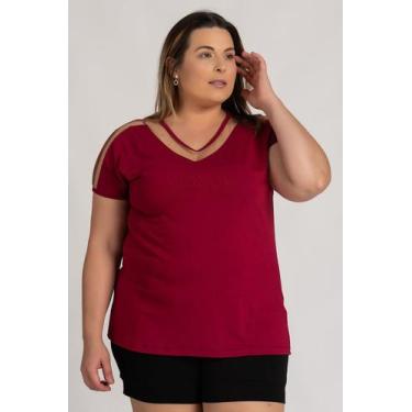 Imagem de Blusa Feminina Plus Size Visco Tule Decote Mangas - Serena, G3, Bordô
