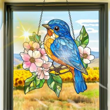 Imagem de Protetor solar de acrílico colorido, apanhadores de sol, decoração de janela de flor de pássaro azul, arte de parede de arco-íris, para quarto, varanda, interior e exterior, jardim, enfeites de Natal