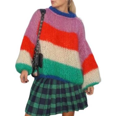 Imagem de Suéter Wyeysyt, blusa feminina grande de crochê listrada em arco-íris