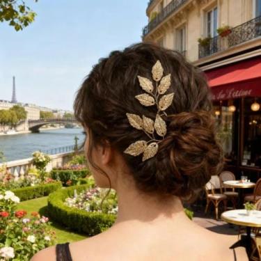 Imagem de 3 peças de acessório de cabelo feminino moderno em forma de U para casamento, faixa de cabelo de folha de eucalipto de metal, adequado para baile e estilo de vestido de festa