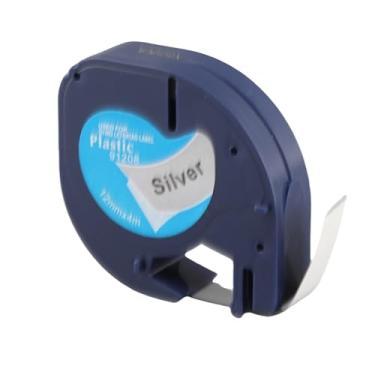 Imagem de Fita de etiqueta preta com fundo prateado de 12 mm e design durável e fácil de rasgar, tamanho pequeno, com design de janela para verificar o comprimento, adequado para máquina de etiquetagem