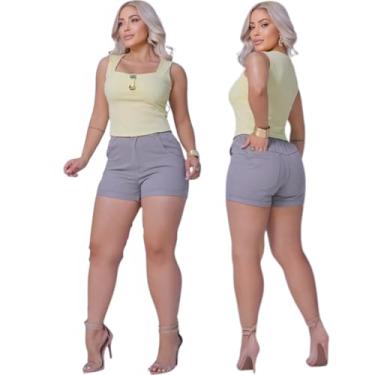 Imagem de Short Jeans Feminino Estiloso com Elástico Na Cintura (BR, Numérico, 46, Regular, Regular, CINZA)