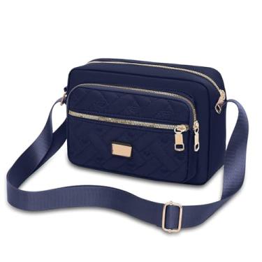Imagem de Bolsa carteiro feminina de tecido Oxford com vários zíperes, bolsa carteiro moderna com estampa bordada de grande capacidade, Azul, Small, Azul