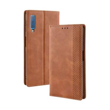 Imagem de Capa para Samsung Galaxy A7 2018,Retro Flip magnético,Caso de telefone de couro PU,Design de carteira com 3 slots de cartão e 1 clipe de dinheiro -Brown