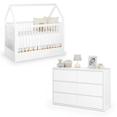 Imagem de Quarto de Bebê Completo Linha Wood com Berço Montessoriano Padrão Americano e Cômoda 6 Gavetas Branco e Nature Premium Divicar em MDF com Acabamento Laqueado UV (BRANCO)