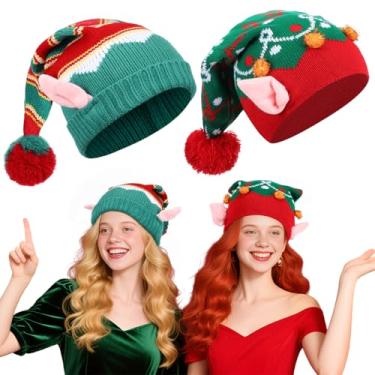 Imagem de JenPen 2 peças de chapéu de Papai Noel, chapéu de elfo de Natal para crianças, adultos, gorro quente de tricô para festa festiva de ano novo (estilo fofo)