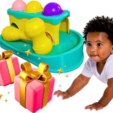 Imagem de Brinquedo 2 em 1 Martelinho baby anti stress bolinha de bater chocalho educativo pedagógico pista descida infantil presente bebê 12 meses dia das crianças natal aniversário menino menina 1 ano