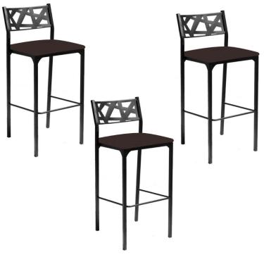 Imagem de Kit 03 Banquetas Alta Com Encosto Luiza Gourmet Para Balcão Cozinha Suede Marrom - Aurora Line