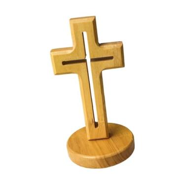 Imagem de XLWLLNJ Cruz ornamental de madeira com base decorativa, peça central versátil e compacta para mesa, crucifixo de madeira da Santa Cruz de Jesus para armário, Base Redonda Oca