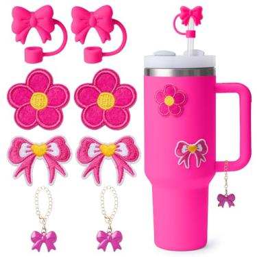 Imagem de 8 peças de acessórios para copos Stanley, acessórios Stanley | 2 peças de enfeite de canudo de laço de silicone, 2 pingentes de alça de laço, 2 peças de garrafas de água, adesivos para decoração (rosa
