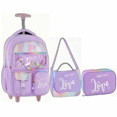 Imagem de Kit Mochila Holográfica Love 18” Escolar Juvenil 2 Rodas Feminino Passeio Escolar Metalizado Lancheira Térmica E Estojo (LILÁS)