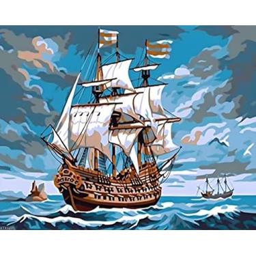 Imagem de XTXGERL Kits de pintura DIY por números para adultos barco à vela, pintura a óleo, paisagens em tela, pintura com pincéis, acrílico para iniciantes, decoração de casa, 40,6 x 50,8 cm