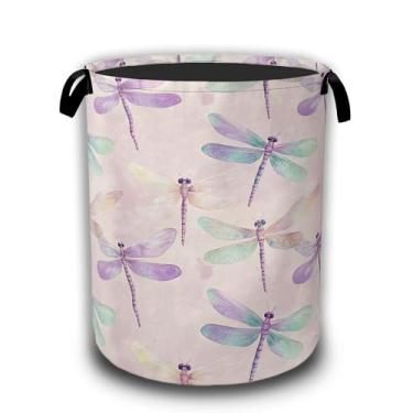 Imagem de Cesto de lavanderia em aquarela, libélula verde, roxo, cestos de lavanderia, dobrável, tecido Oxford à prova d'água, com alças, balde de armazenamento de roupas, organizador de brinquedos para