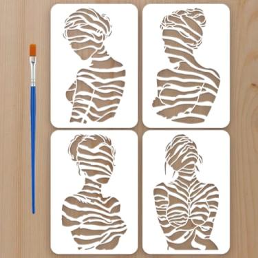 Imagem de FINGERINSPIRE 4 peças de estêncil feminino 21 x 29 cm estêncil de pintura artística feminina modelos de desenho de figura abstrata com um pincel para pintura em tela, móveis, decoração de parede
