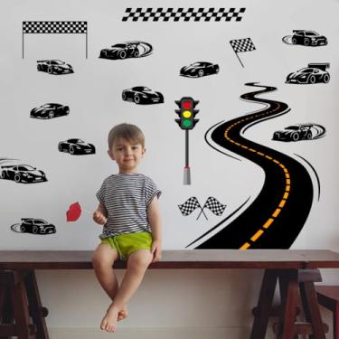 Imagem de SUPERDANT Adesivos de parede de corrida de estrada, adesivos autoadesivos para pista de corrida, arte de vinil para quarto infantil, sala de estar, berçário, sala de jogos, decoração