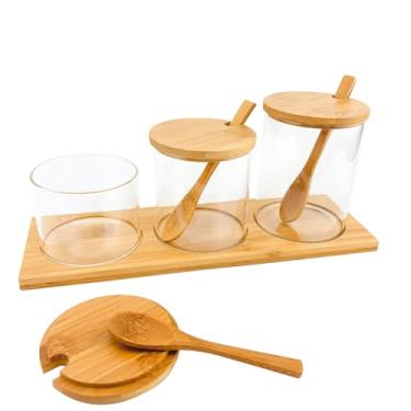 Imagem de smarex Pote de tempero de vidro com tampas, sal branco, açúcar, pimenta, temperos, tigelas, pote com colher, pote de vidro, conjunto de 3, 227 g, para cafeteria de cozinha doméstica (alto)